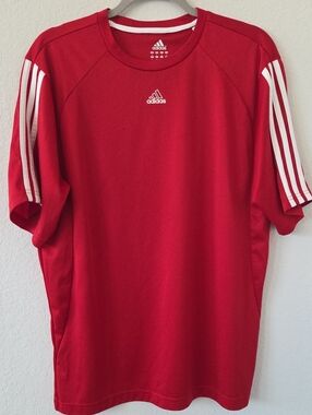 adidas Mens Red Short-Sleeve Athletic Jersey White Stripes Dry Active T Shirt